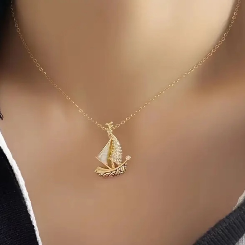 Pearly White Diamond Sailboat Boat Gold Toned Necklace